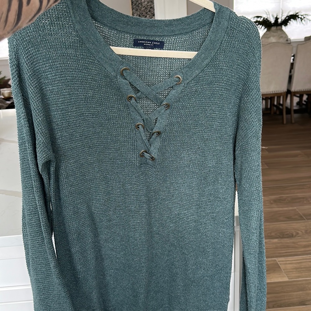 Green thermal sweater with lace up front American eagle